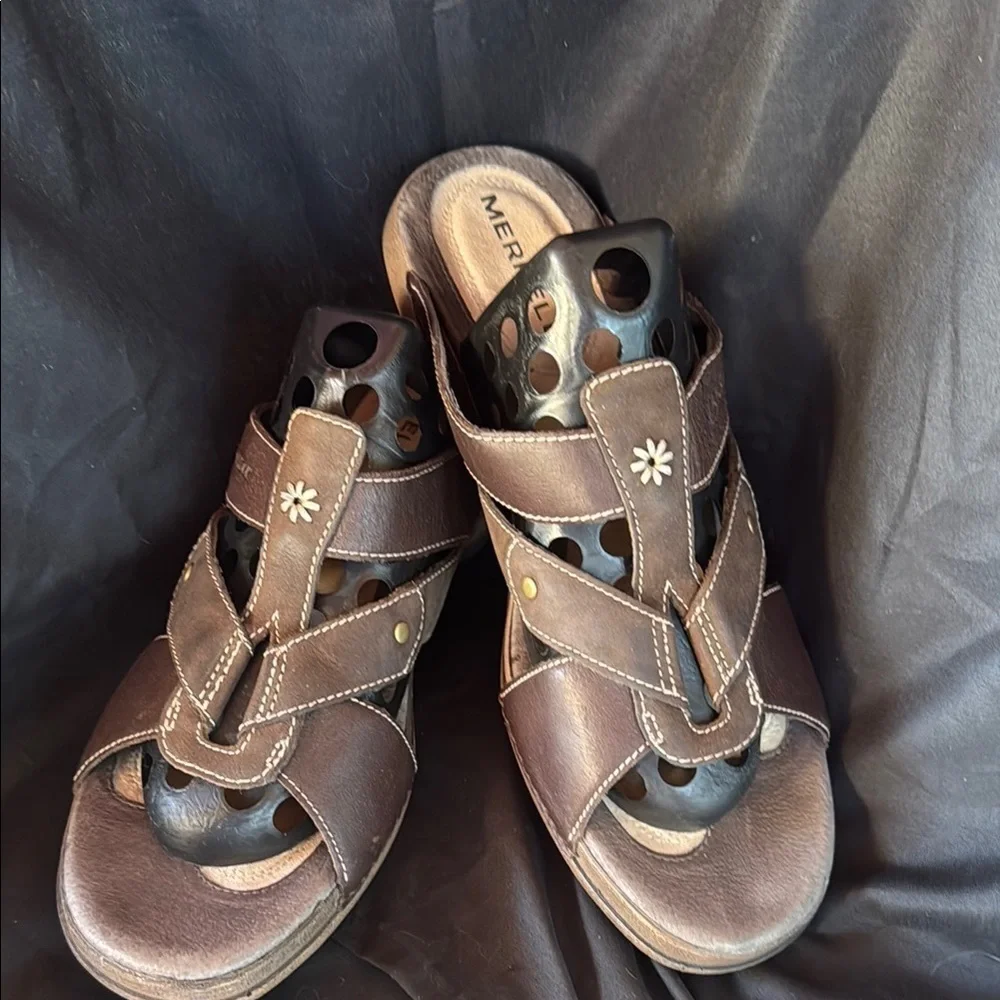 🍍 Merrell Luxe Slide Mink Sandals Brown Leather Women's Size 8 Wedge Heel🍍